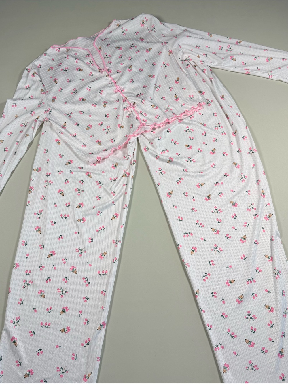 Pink Floral Coquette Pajama Set Dainty Rosebud Pointelle Ruffle Cottagecore XL